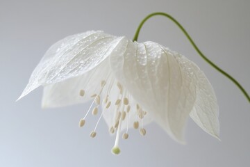 Delicate white flower with dew drops on petals in soft light against a serene background botanical elegance floral beauty