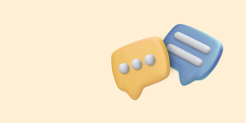 Chat Icon With 3D Speech Bubbles In Yellow And Blue On Pastel Background. Fun UI Symbol For Communication, Message, Or App Interface Design. Vector Illustration.