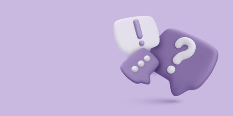 Support Chat Icon With 3D Question And Exclamation Symbols On Purple Background. Modern Help Center Or Communication UI Concept. Vector Illustration.