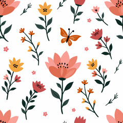 Hand drawn vector seamless flower pattern. Small various stylized blue, yellow and pink flowers on white background