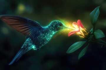 Digital hummingbird hovering near a glowing flower with green leaves in a dark blurry background