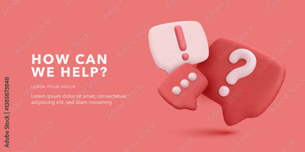 Poster help and support concept with 3d question mark, exclamation, and chat icons on soft coral background