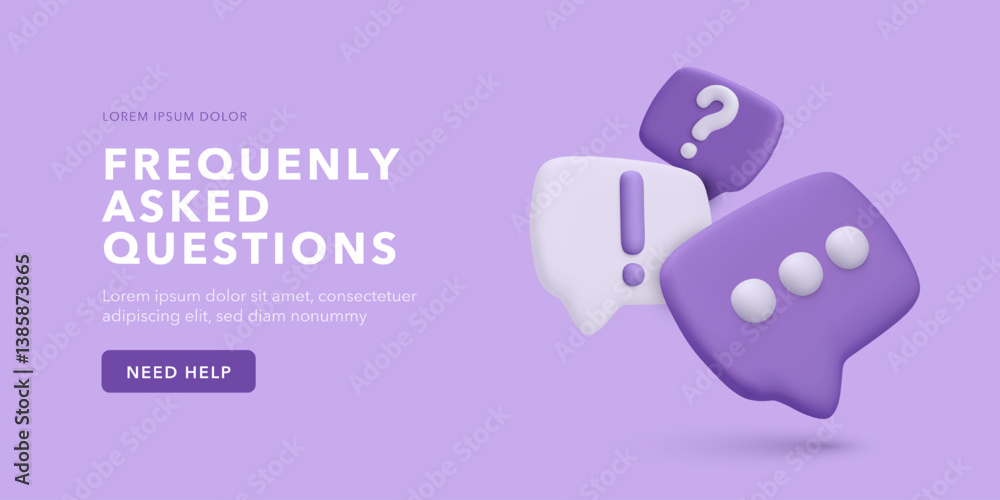 Poster 3d faq and chat icons in speech bubbles with question, exclamation, and message symbols on purple ba