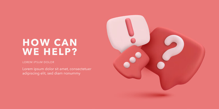 Help And Support Concept With 3D Question Mark, Exclamation, And Chat Icons On Soft Coral Background. Ideal For Customer Service, App UI, Or Contact Page. Vector Illustration.
