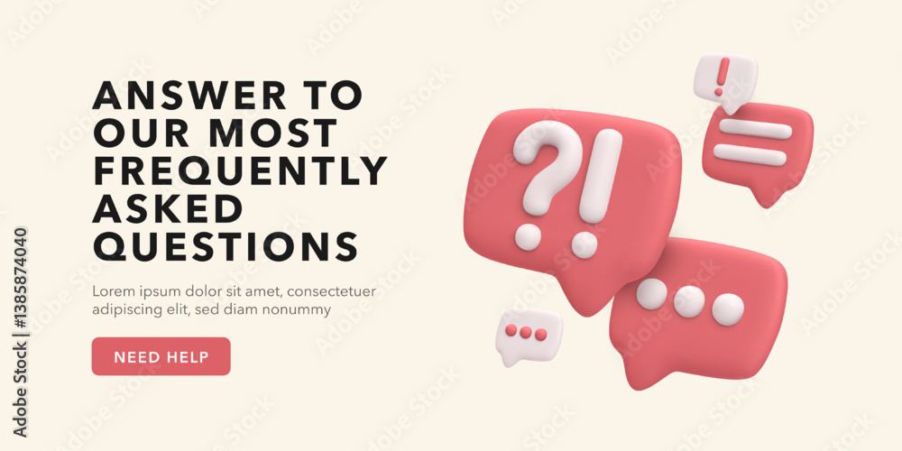Poster 3d faq icons with question and chat bubbles in modern minimal style. great for customer support, hel