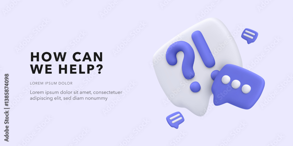 Poster help center 3d icon with chat bubbles and question mark in soft pastel colors, modern customer suppo