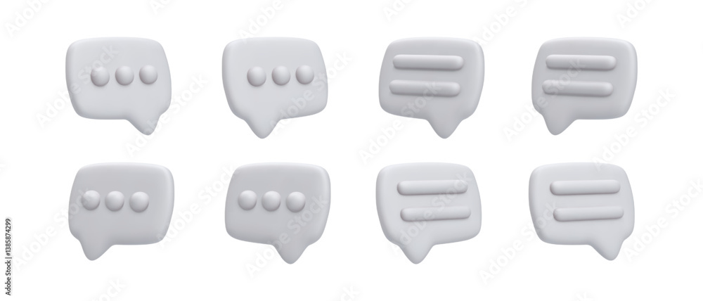 Poster white chat bubbles with 3d symbols like ellipsis, exclamation, question and equal sign. minimal desi