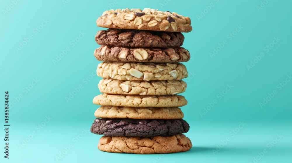 Poster stack of assorted delicious cookies on teal background.