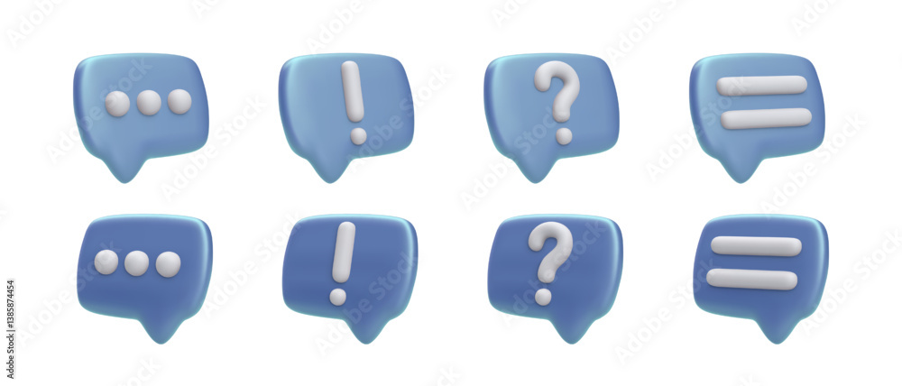 Poster blue chat bubbles with punctuation marks including dots, exclamation, question and lines. minimal 3d