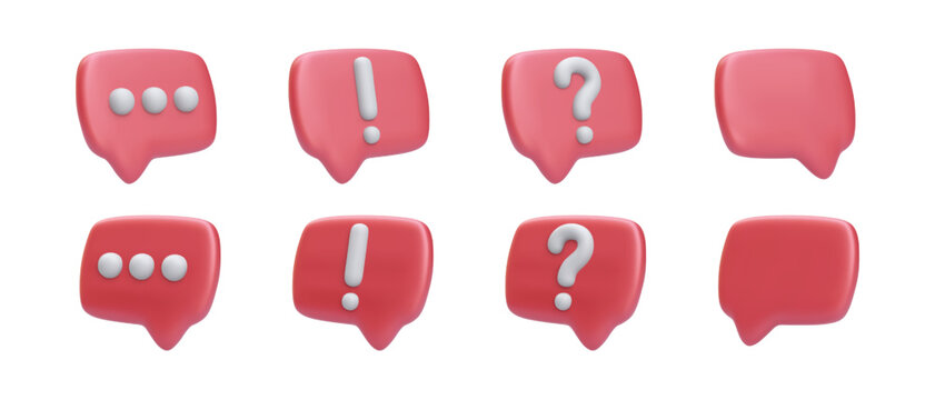 Chat Bubble Icons Set &ndash; 3D Render of Speech Bubbles with Dots, Exclamation, and Question Marks in Modern Cartoon Style. Great for Messaging and UI Design. Vector Illustration.