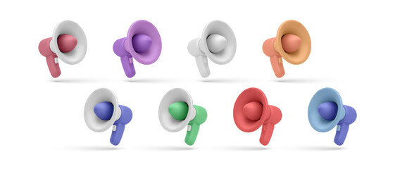 Colorful Megaphone Icons Set &ndash; 3D Render of Cartoon Loudspeakers in Trendy Minimal Style. Perfect for UI, Social Media, and Announcement Designs. Vector Illustration.