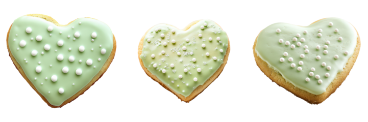 Three heartshaped cookies with pastel green icing and white sprinkles.