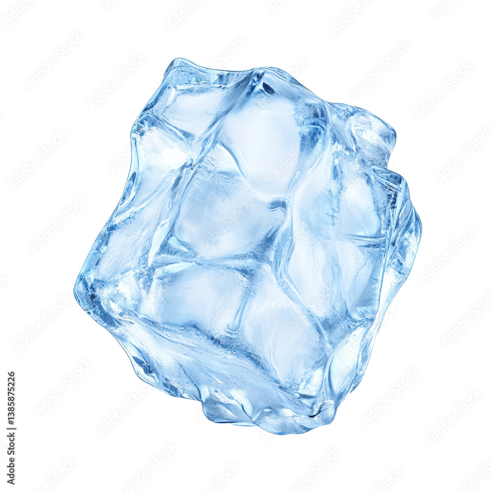 Poster crystal clear ice cube on smooth surface with reflective light creating beautiful patterns and textu