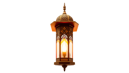 Intricate gold lantern glows warmly in the dark.