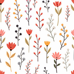 Spring Floral Seamless Pattern, abstract seamless pattern with flowers and branches, background graphic design print vector illustration, vintage colors