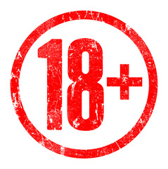 18+ text in grunge rubber stamp style isolated on transparent background, age warning stamp