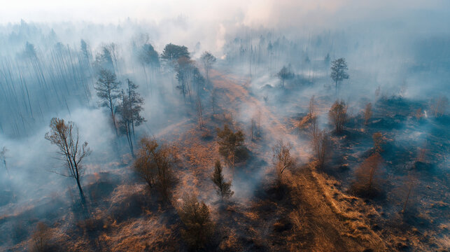 Aerial view of a forest fire with smoke rising among the trees and burnt ground visible below the smoke