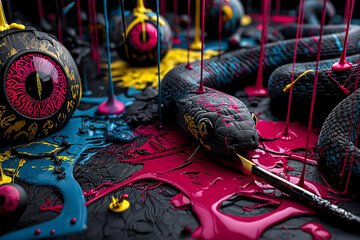  Ultra-Detailed 3D Render of Ancient Symbols, Glossy Mandala, and creature Bone Mask with Red and blue Liquid on Dark Turquoise Background – Black, Blue, Red, and Gold Mystical Fantasy Objects