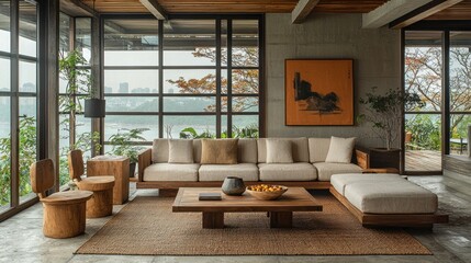 Fototapeta premium Modern living room with sectional sofa, wooden coffee table, and city view.