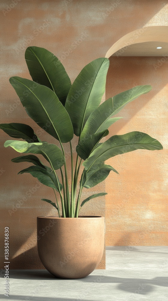Poster serene interior with banana plant in a pot against textured wall casting shadows creating a tranquil