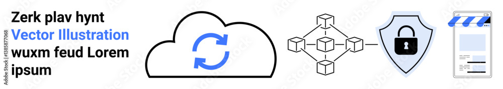 Poster cloud sync icon, blockchain connection, secure shield, and a file interface. ideal for technology, d