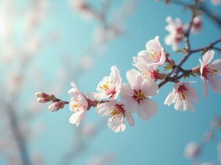 Fototapeta premium Branch of Blooming Almond Flowers Framed by a Pastel Spring Sky – Generative AI