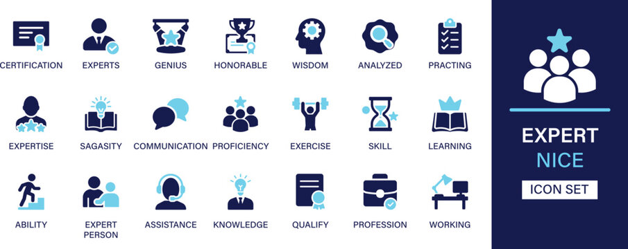 Expert icon set collection. Certification, experts, genius, honorable, wisdom,  expertise, sagacity, proficiency, ability and best solid icon set.