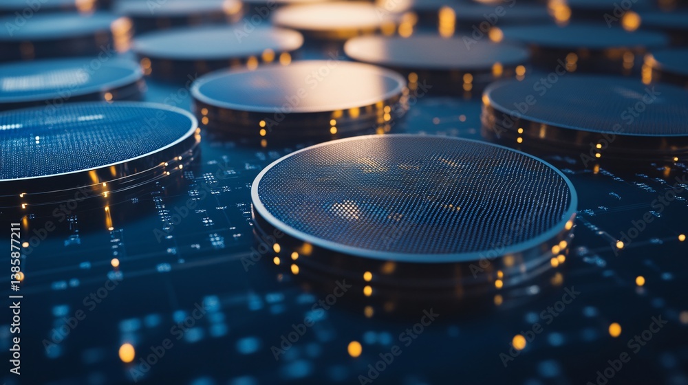 Poster Network of silicon wafers exchanging data on a futuristic motherboard, concept of quantum computing