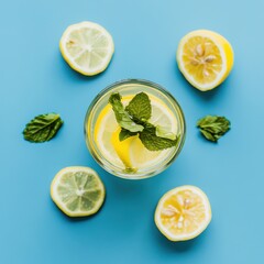 A refreshing cup of lemonade with mint leaves and lemon slices. Featuring hydration and vitality