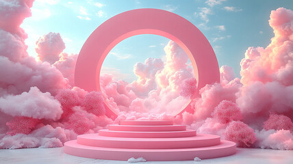 Dreamlike Pink Clouds and Abstract Structure: A surreal composition featuring fluffy pink clouds enveloping a stylized pink platform, circular arch, and the sky.