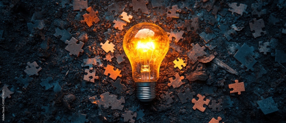 Poster glowing lightbulb surrounded by puzzle pieces on dark ground symbolizing innovation and problem solv
