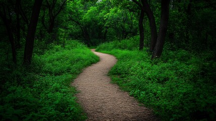 Fototapeta premium Winding path leads into lush green forest, dappled sunlight
