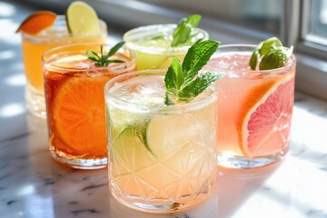 A row of five colorful cocktails garnished with citrus and mint on a marble surface near a window