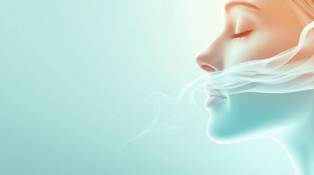 A serene profile of a woman with closed eyes, exhaling delicate wisps of smoke against a soft gradient background.