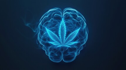 A glowing blue brain with a cannabis leaf at its center, symbolizing the connection between cannabis and mental processes.