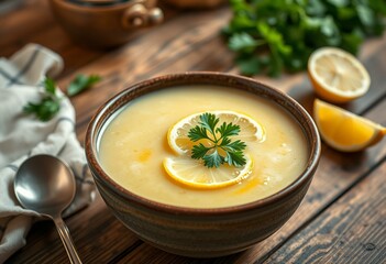 A warm and inviting bowl of Avgolemono Soup, garnished with fresh parsley and lemon slices, served on a wooden table with a rustic ceramic bowl