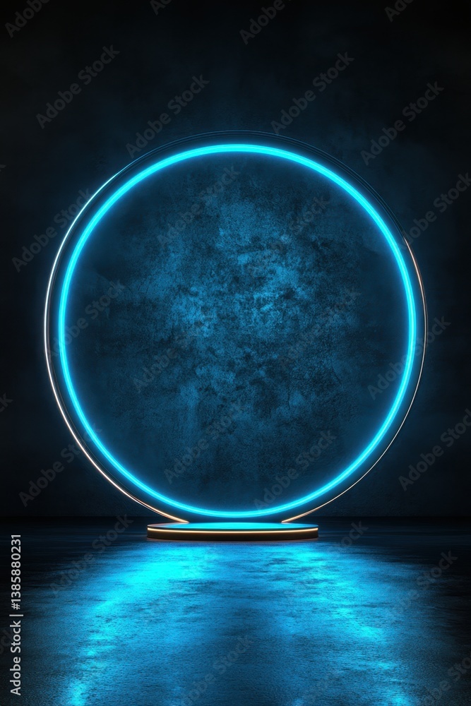 Poster abstract luminous circle with neon light on dark wall and floor creating a modern futuristic atmosph