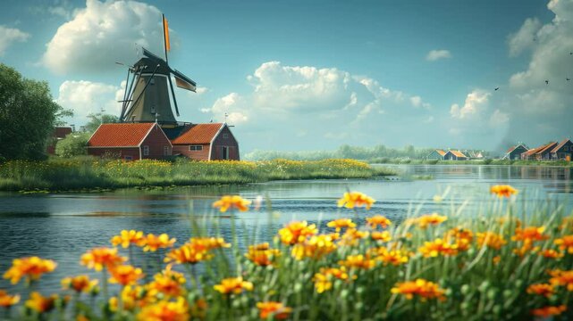 Landscape with flowers, traditional windmills and houses near the canal. Rural wind mills. Beautiful nature.