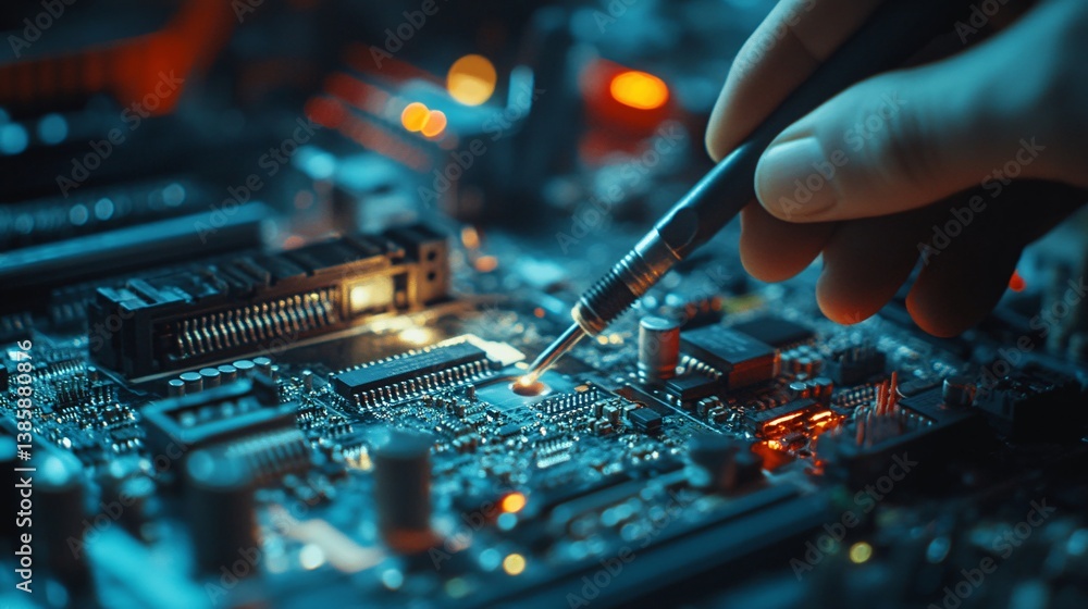 Poster Electrical engineer soldering a cpu chip onto a printed circuit board in a workshop