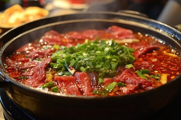 A close up shot of a spicy hot pot dish with beef and green onions in a black pot on a table