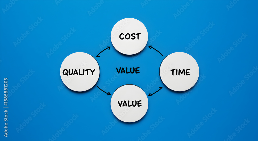 Poster value driven project management diagram featuring cost quality time and value on blue background