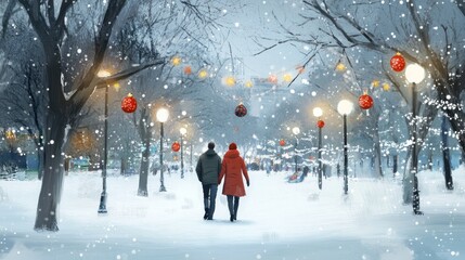 Romantic winter walk: A couple hand-in-hand in a snowy park landscape