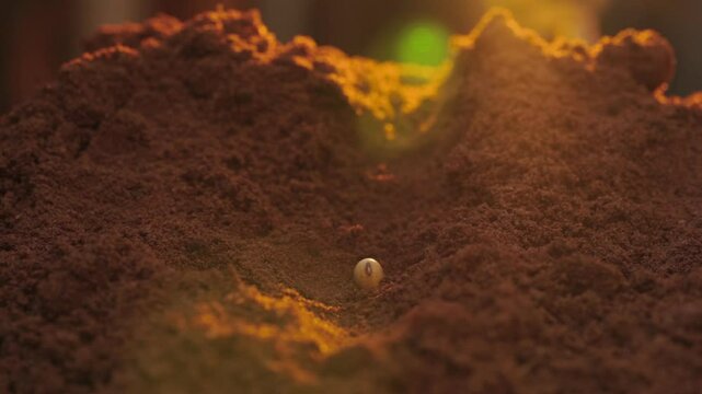 Soybean seeds spilled on red soil of the field at sunset.