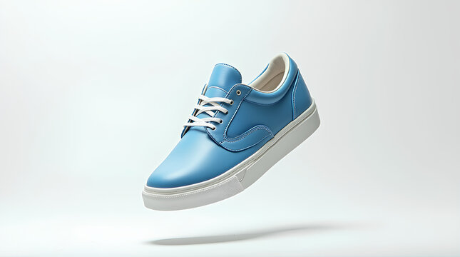 Flying blue sneaker on white background. Fashionable stylish leather sports casual shoes. Creative minimalistic footwear layout. 