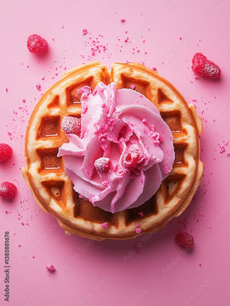 Aufkleber delicious waffle with pink frosting and fresh raspberries on a pink background creating a sweet trea