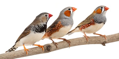 Various zebra finches on a white background