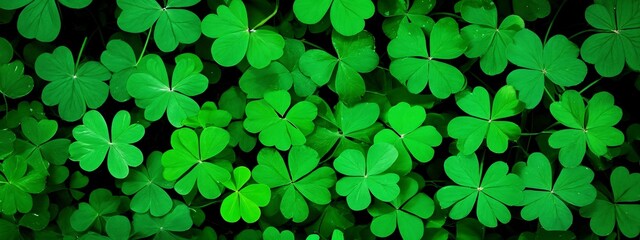 A large group of green clover leaves on a black background.