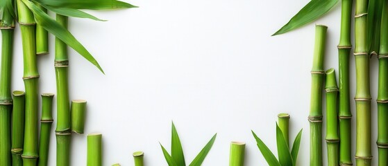 Fresh Green Bamboo Stalks and Leaves Frame a Clean White Backdrop Creating a Serene Natural Ambiance for Design and Wellness Concepts