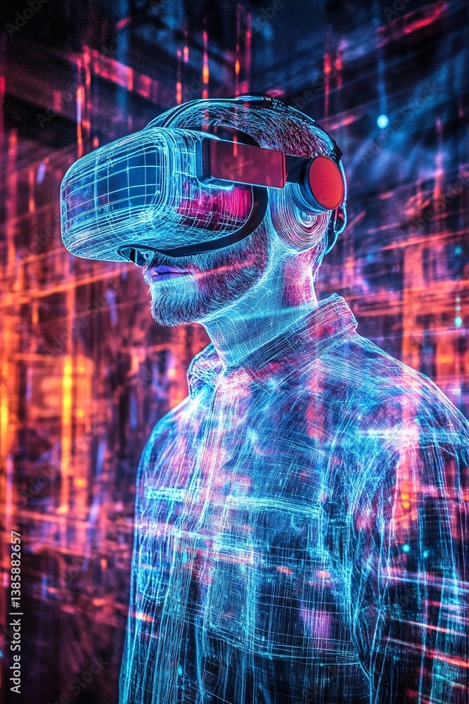 Poster software engineer immersed in virtual reality with a vr headset, surrounded by vibrant lines of glow