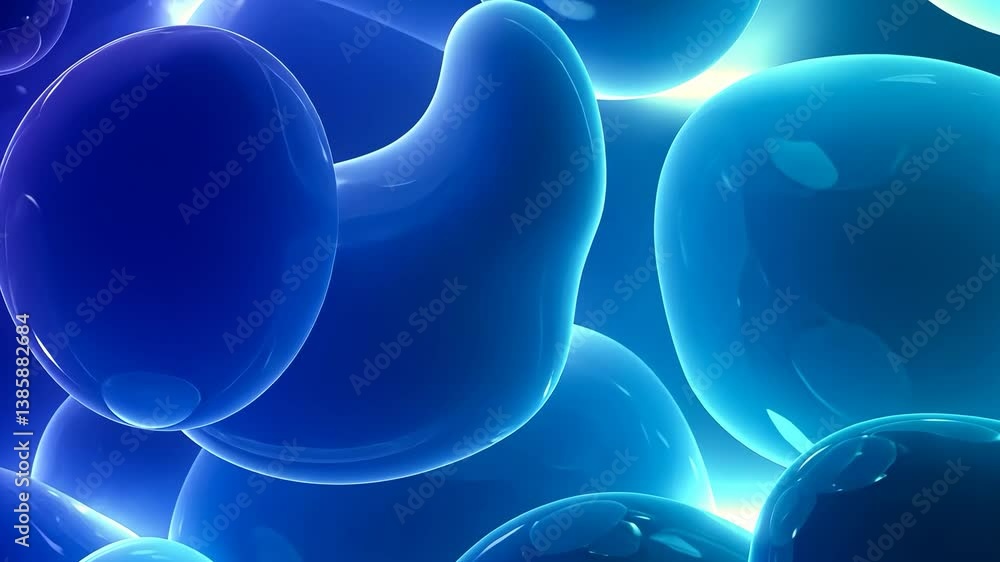 Poster abstract background of blue transparent spheres with light reflections and shiny texture for modern 
